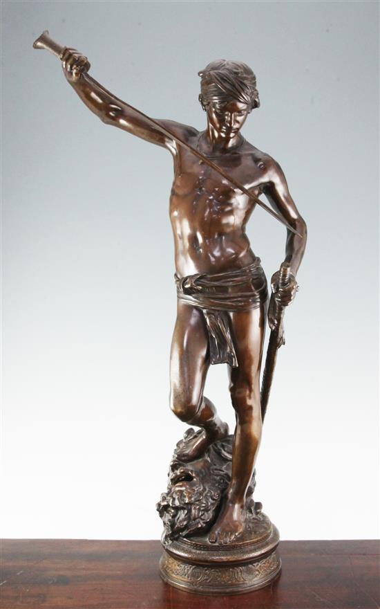 After Marius Jean Antonin Mercie (French, 1843-1916). A large patinated bronze figure of David with head of Goliath, 29in.